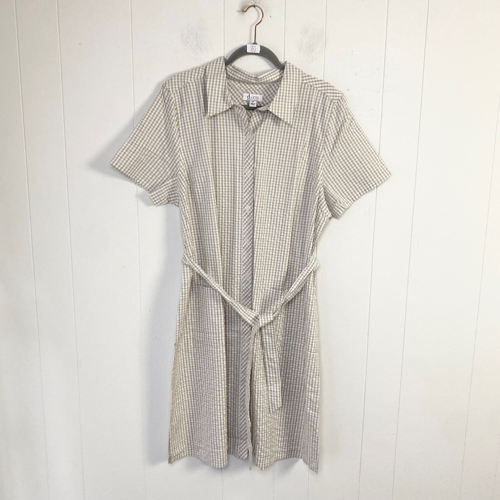 Denim & Co Womens XL Gingham Shirt Dress Tan White Cotton Short Sleeve Belted - Picture 1 of 8